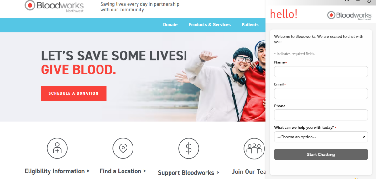 Live chat available on the Bloodworks Website